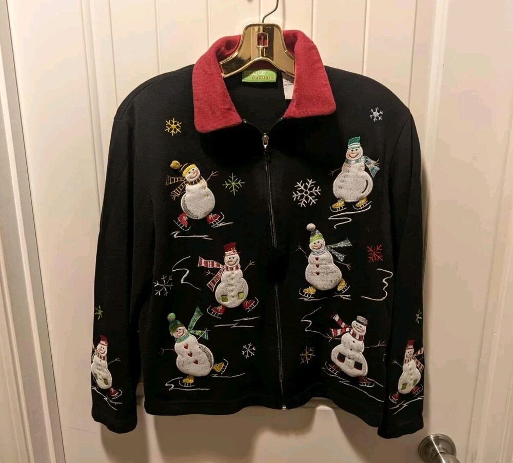 Vintage Onque Casuals Black Zip Snowman Ugly Christmas Sweater Party Size S